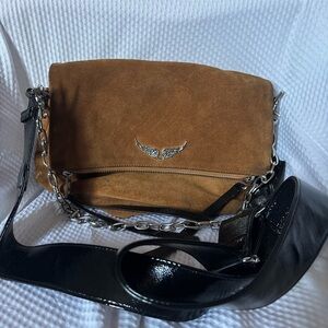 Zadig & Voltaire Brown Suede Shoulder Bag with Silver Wing Accent